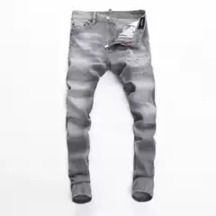 2025 Spring and Autumn Distinctive Elastic Big Break Distinctive Hong Kong Style Tight Nightclub Fashion Ripped D2 Jeans Men's Pants Grey