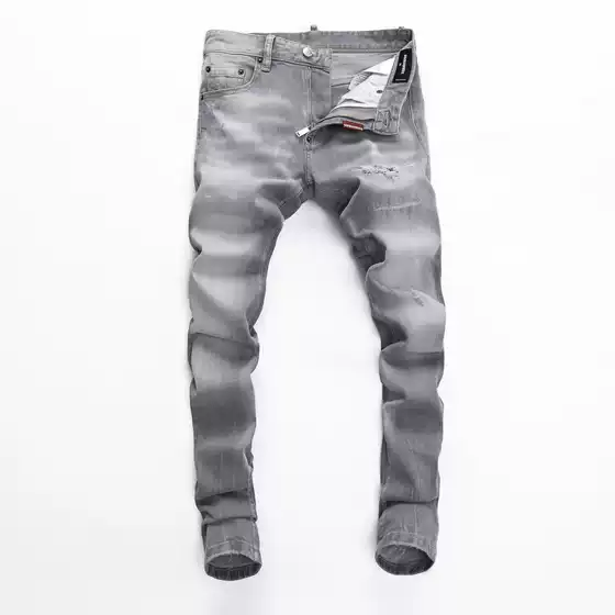 2025 Spring and Autumn Distinctive Elastic Big Break Distinctive Hong Kong Style Tight Nightclub Fashion Ripped D2 Jeans Men's Pants Grey
