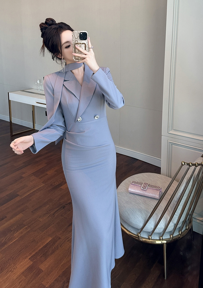 Đầm ôm body nữ cổ vest dáng đuôi cá tay dài — Xám sương mù