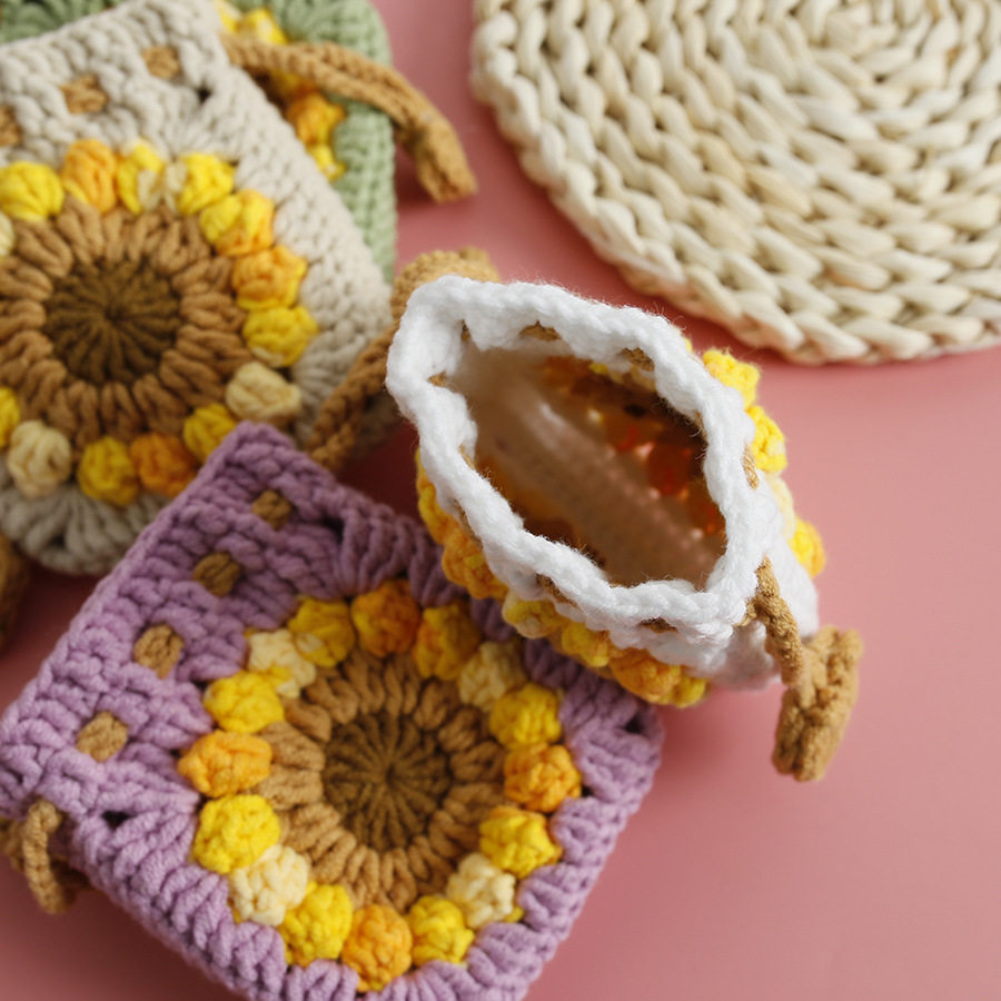 Sweet sunflower hand-woven mini drawstring bag snow five wool crocheted earphone case sunflower coin purse
