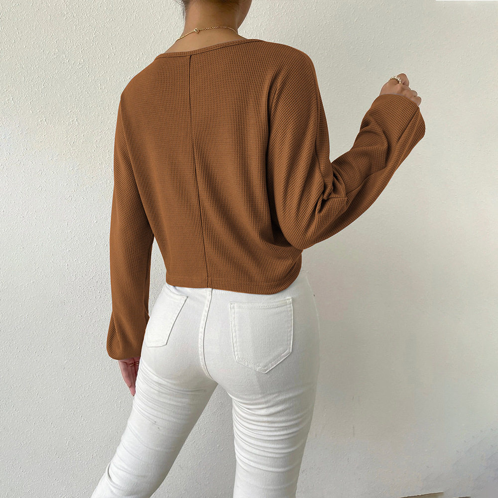 Loose Fit V Neck Long Sleeve T Shirt Casual Waffle Fabric Drawstring Detail Cropped Style Spring Summer Womens