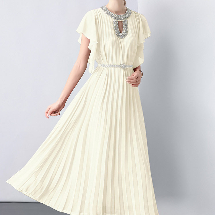 Elegant Long Dress Ruffled Sleeves Embellished Neckline Fitted Waist Vintage Style for Formal Occasions Wholesale
