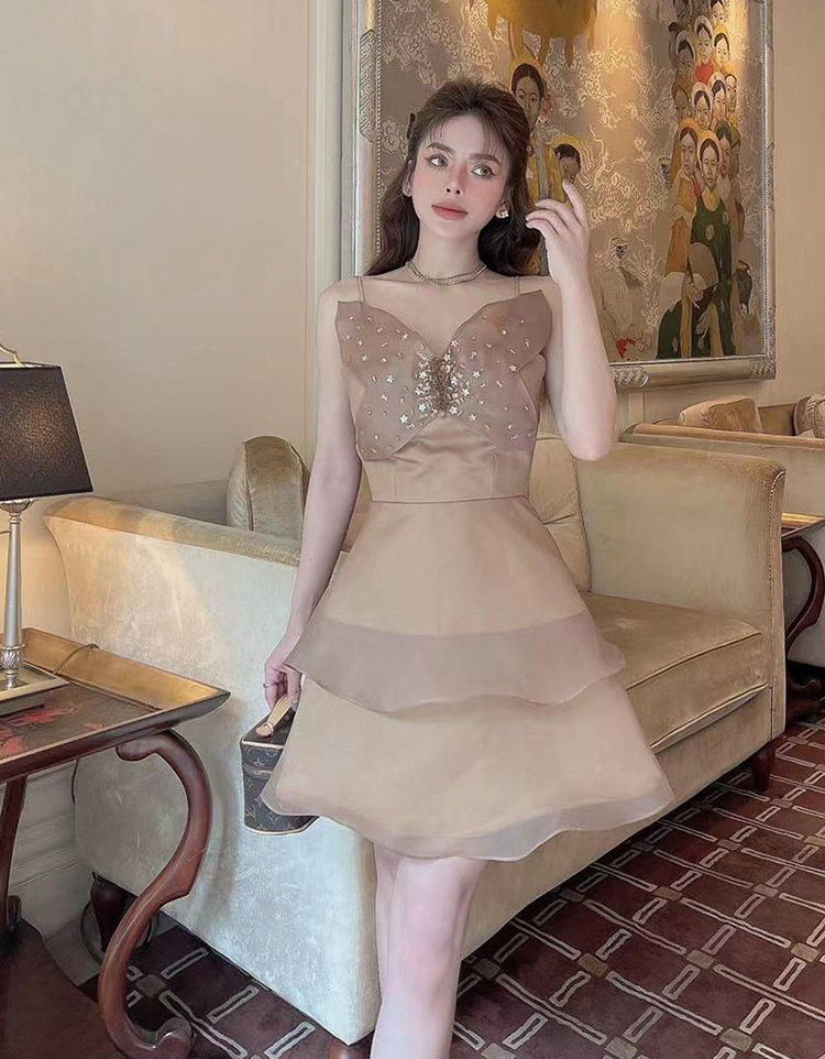 Đầm maxi nữ organza thêu hoa bướm 3D đính đá — Rượu vang đỏ chi tiết 4