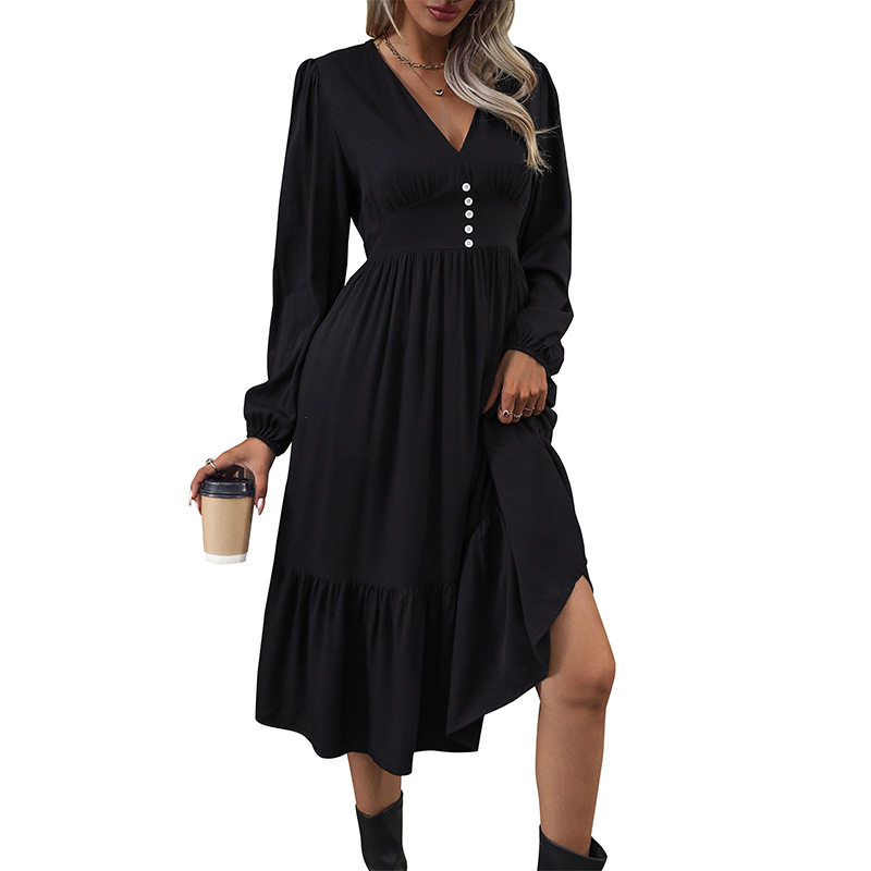 Vintage Solid Color V Neck Waist Tie Dress Autumn Collection Elegant Casual Wear Wholesale Available