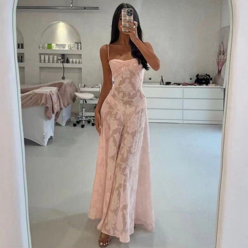 Summer Floral Maxi Dress Sexy Sheer Slim Fit Spaghetti Straps Beach Vacation Style Wholesale Available