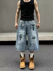 American Street Graffiti Print Denim Pants Unisex Summer Loose Fashionable Retro Cropped Short Pants