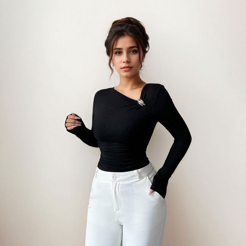 Asymmetrical Neck Long Sleeve Blouse Pleated Design Slim Fit Elegant Style Perfect for Spring and Autumn Wholesale