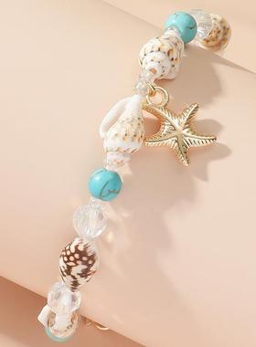 跨境外贸流行饰品 海螺米珠松石手链 沙滩海星吊坠贝壳水晶珠手环
