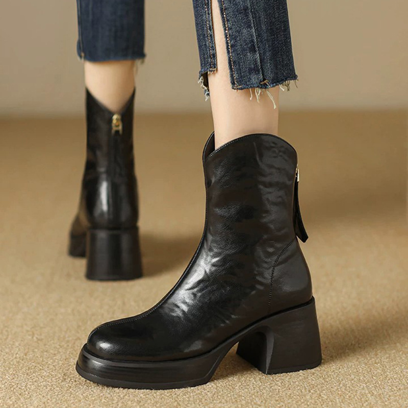Boot nữ cổ thấp gót thô phong cách thời trang thanh lịch — Màu đen, Màu nâu