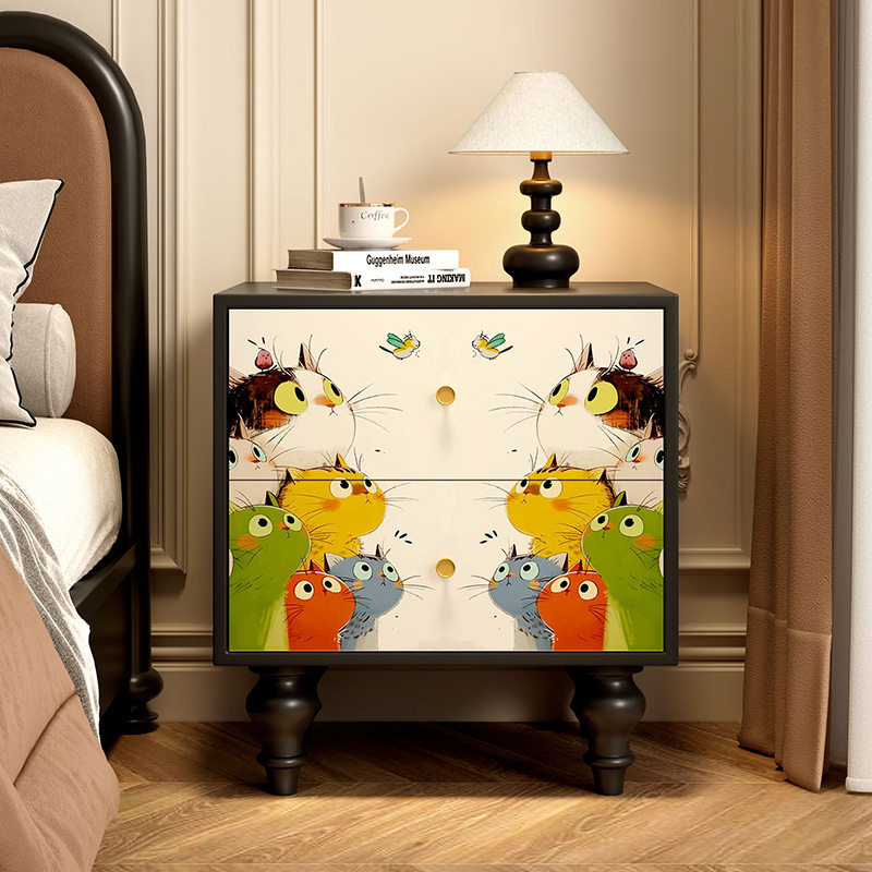 Solid Wood French Retro Drawer Cabinet Abstract Art Storage Cabinet Bedroom Bedside Table Living Room Side Cabinet Storage Cabinet