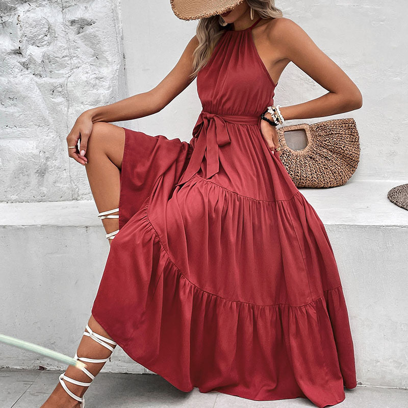 Elegant Solid Color Midi Dress Summer Style Halter Neck Comfortable Fabric Perfect for Casual Outings Wholesale