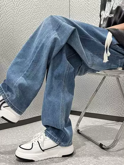 Trendy Men's Jeans 2025 Spring New Arrival Loose Straight-Leg Elastic Waist Pants American High-Street Casual Trousers