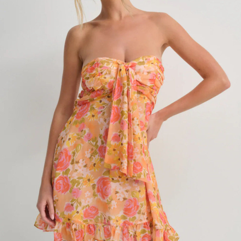 Floral Print A Line Dress Sheer Fabric Strapless Elegant Design Perfect for Summer Events Wholesale Available