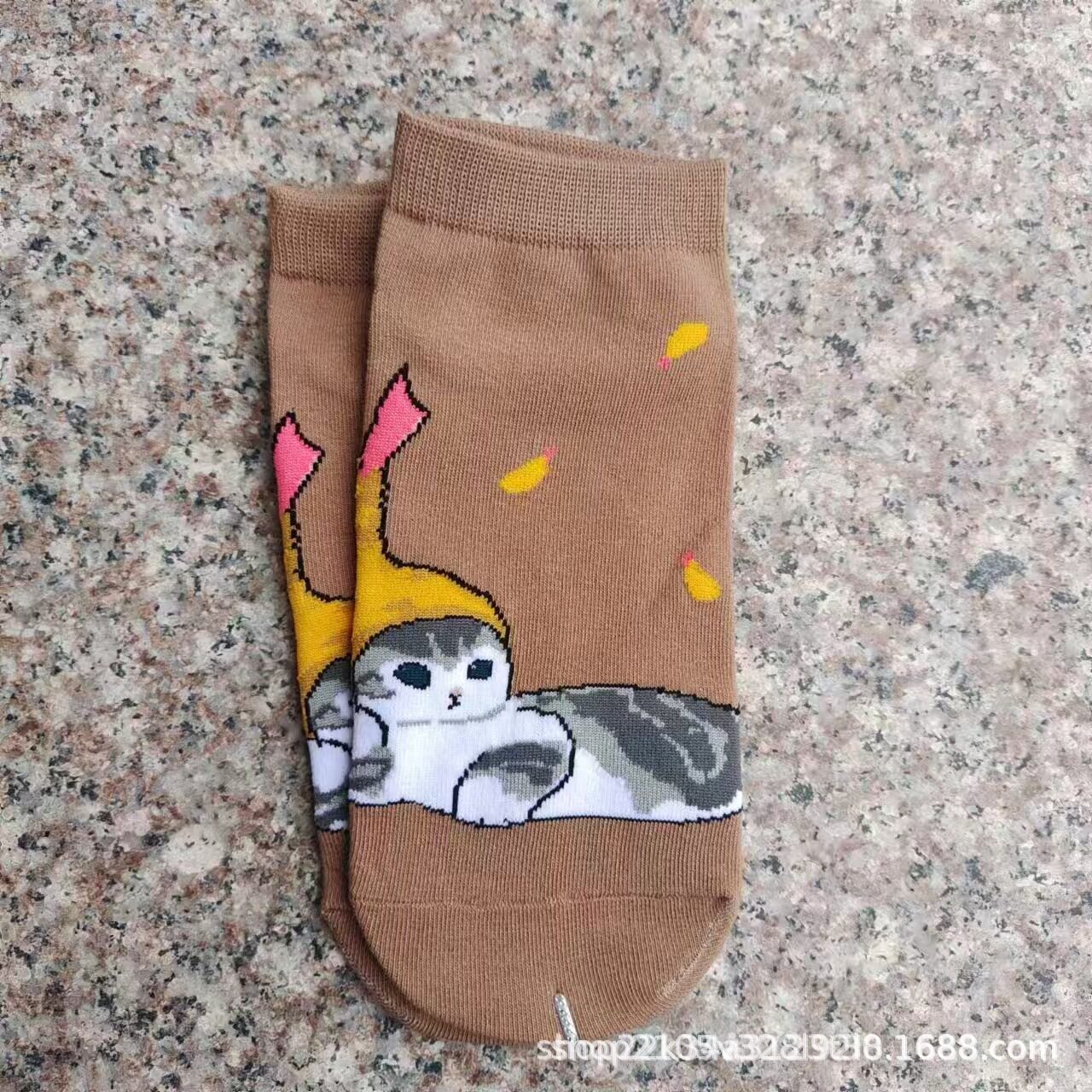 日单mofusand鲨鱼猫库存炸虾猫系列外贸出口女卡通棉袜短袜可爱袜