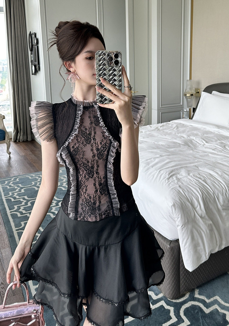 Áo thun nữ tay lửng ren cổ đứng dáng ôm phong cách Pháp — [Đen] chi tiết 5