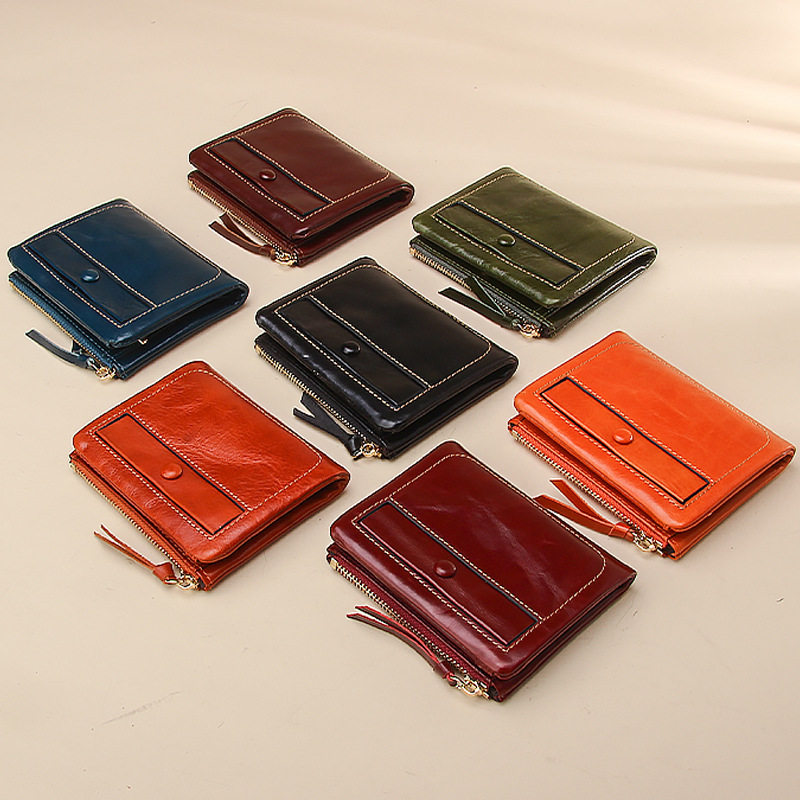 Genuine Leather Short Wallet Top Layer Oil Wax Cowhide Vintage Wallet Multi-Card Holder Vertical ID Card Bag Coin Pocket