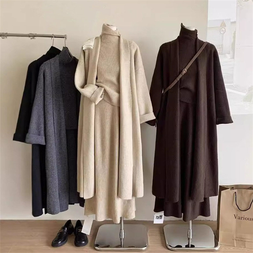 High-End Long-Sleeved Mid-Length Knitted Sweater Suit for Women, Autumn and Winter New Style High-Neck Vest, Half-Length Skirt, Three-Piece Set