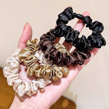 New Style Rhinestone Large Intestine Hair Ring Satin Maillard Hair Rope Internet Popular Girl Simple Ponytail Leather Cover Ball Hair Rope