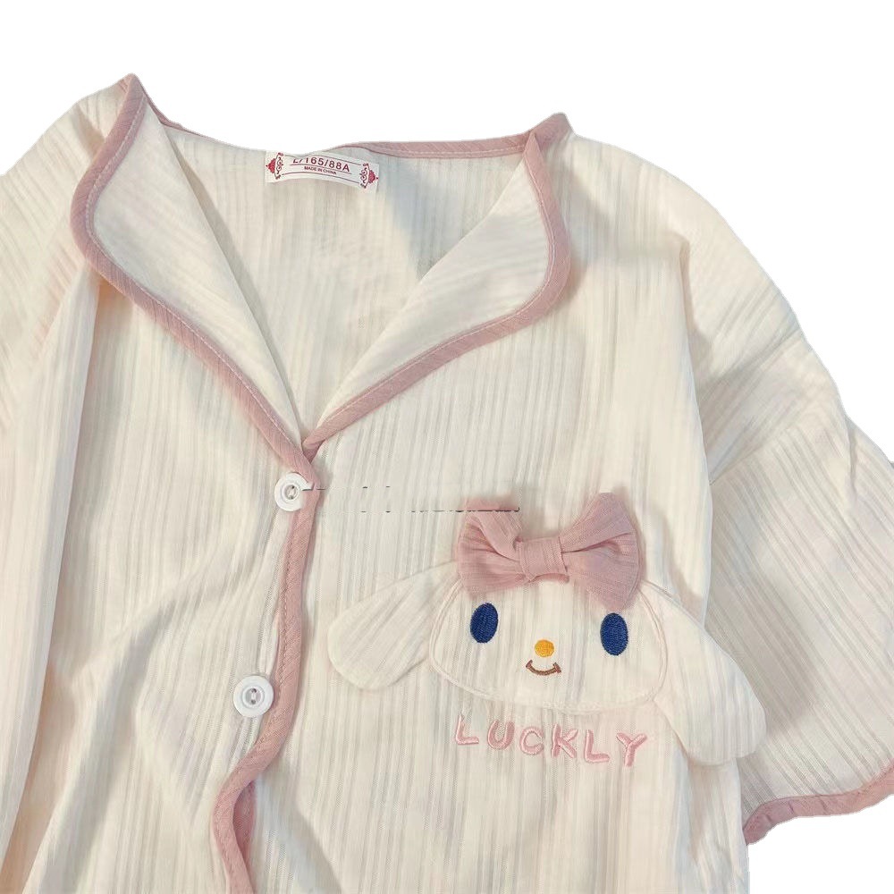 跨境睡衣女夏季短袖短裤玉桂狗刺绣蝴蝶结可爱少女宽松家居服套装