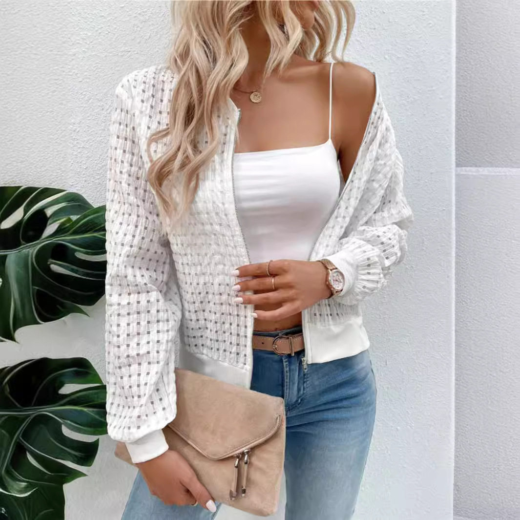 Autumn Long Sleeve Zip Decorated Cardigan Jacket Printed Design Lightweight Fabric Casual Style Wholesale Available
