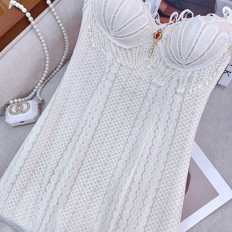 Đầm dây ôm body phối ren gợi cảm dáng cá tính — Màu trắng kiểu ngắn, Màu trắng dáng dài
