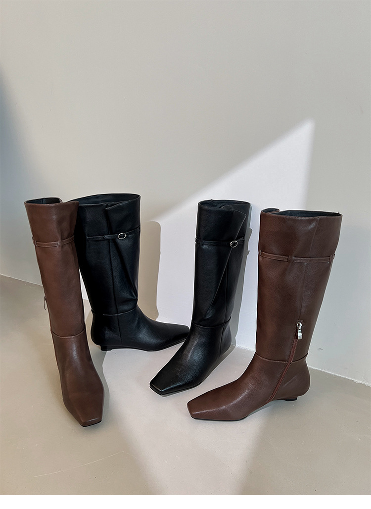 Boot nữ cổ cao mũi vuông gót xuồng da bò khóa kéo bên hông — Lớp lót đơn màu đen, Lớp lót đơn màu nâu, Lót nhung đen, cần đặt làm riêng., Lót nhung màu nâu, cần đặt làm riêng.
