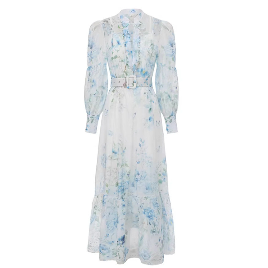 Elegant Floral Print Long Dress for Women Lightweight Lantern Sleeve Waist Defined Ruffle Hem Perfect for Spring