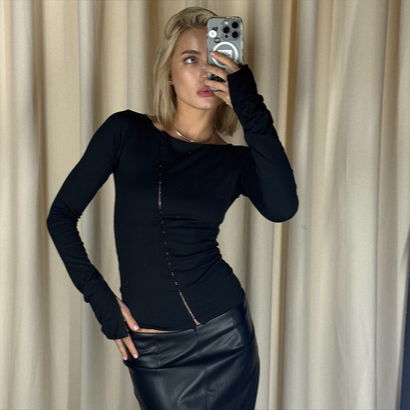 Fashionable Womens Long Sleeve T Shirt Sexy Design Round Neck Button Detail Casual Streetwear Wholesale Available