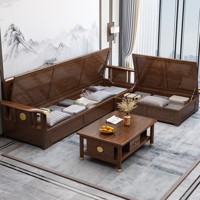 新中式胡桃木实木沙发组合储物现代简约贵妃小户型客厅胡桃木家具