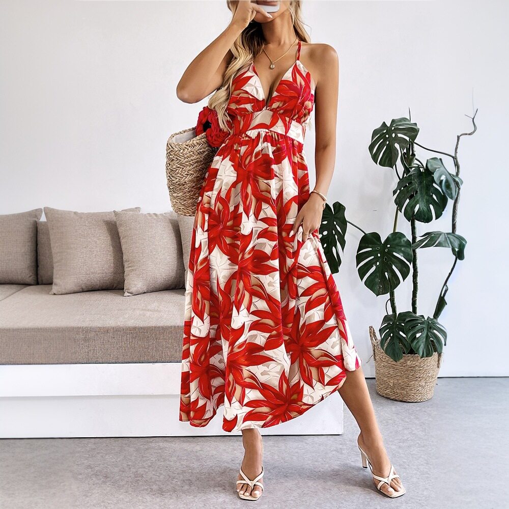 Casual Summer Maxi Dress Leaf Print Beach Style Lightweight Fabric Perfect for Vacation and Resort Wear Wholesale