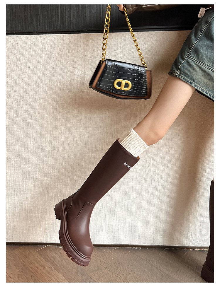 Boot nữ cổ cao ôm bắp chân da bò gót thô 6cm — Kaki nhạt lót nhung, Kaki nhạt lót nhung ống lớn, Kaki nhạt một lớp lót trong, Màu đen lót một lớp