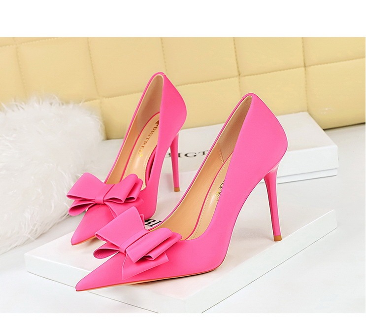 Giày cao gót nữ mũi nhọn chất liệu satin thắt nơ, giày dự tiệc thanh lịch — Màu đen, Màu đỏ hoa hồng, Màu đỏ rượu, Màu hồng