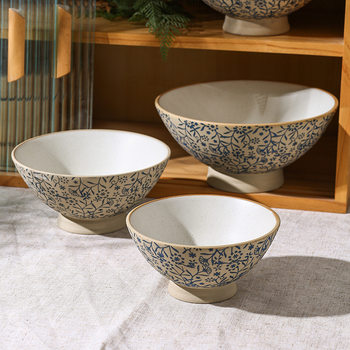 High Feet Bucket Bowl Restaurant Commercial Ceramic Anti-scald Large Bowl Handmade Coarse Pottery Ram Noodle Bowl Creative Soup Bowl Household Rice