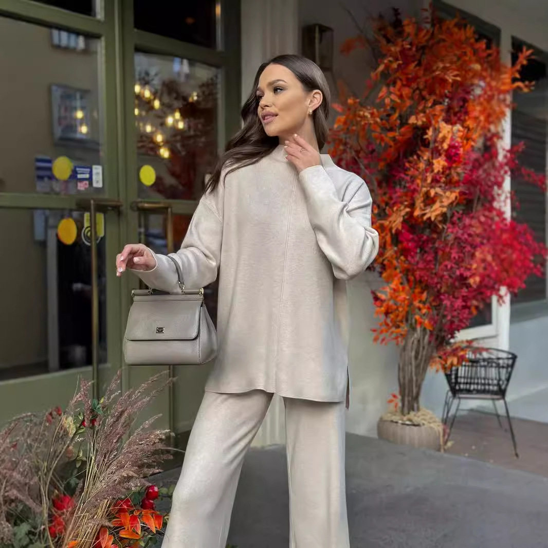 Womens Autumn Winter Oversized Sweater and Pants Set Long Sleeve Casual Split Design Perfect for Everyday Wear