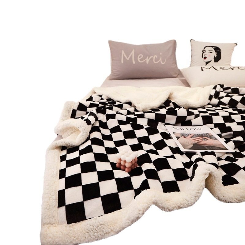 2025 Autumn and Winter Double-Layer Thickeneded Lamb Velvet Blanket Pure Plain Checkerboard Office Blanket Small Fur Blanket Casual