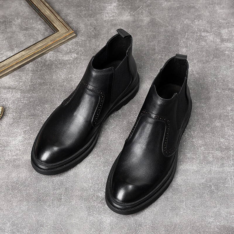 Boot Chelsea nam cổ trung da bò mềm lót nhung giữ ấm mũi tròn — Màu đen, Màu đen lót nhung, Màu xám nhạt