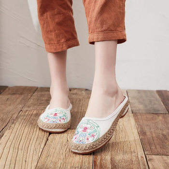 18T-07 Summer New Style Baotou Half Slippers Women's Outer Wear Cotton and Linen Flat Slippers Retro Embroidered Ethnic Style
