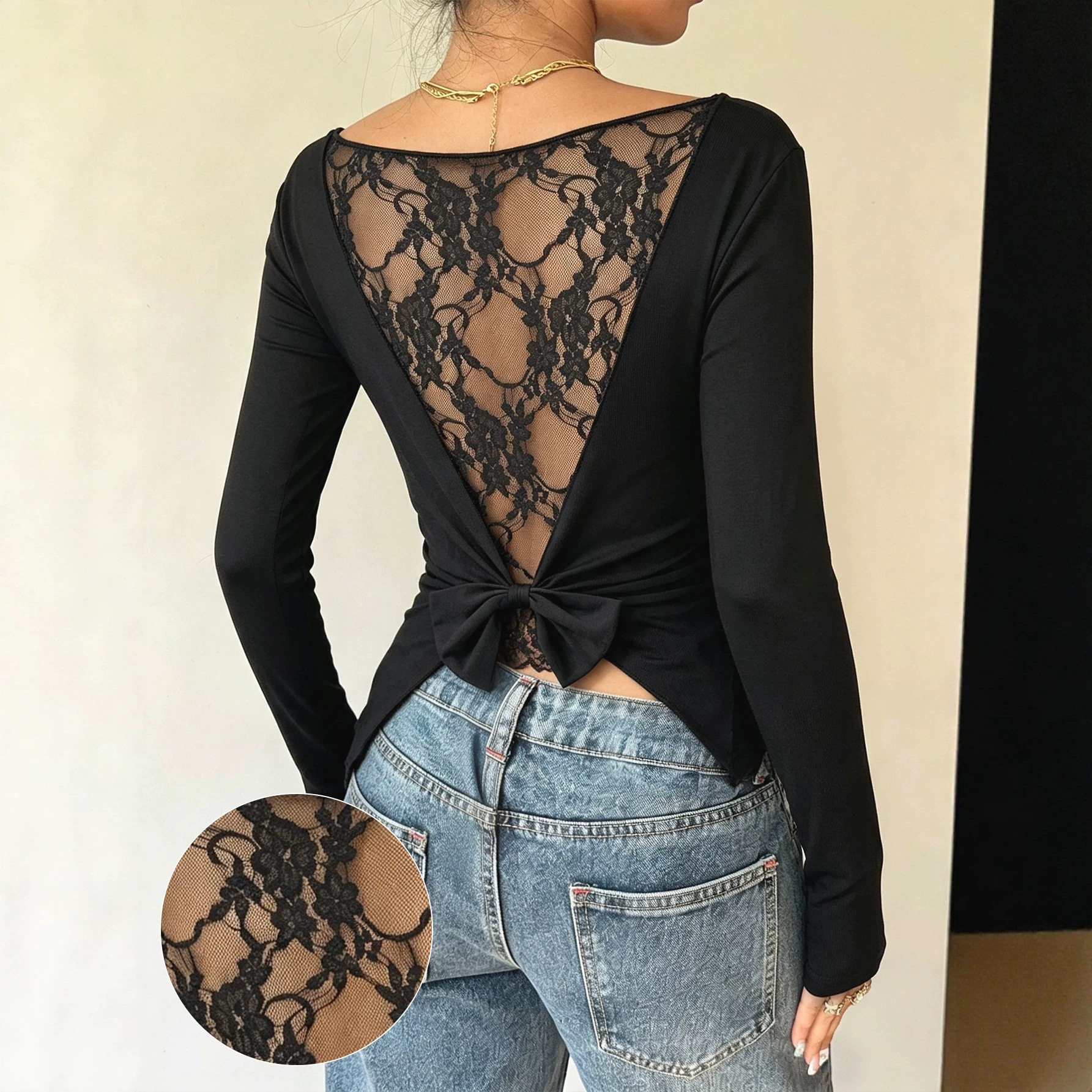 Off Shoulder Lace Top Long Sleeve Bow Tie Slim Fit Elegant Design Perfect for Parties and Special Occasions