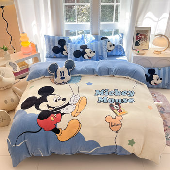 Cartoon strawberry bear milk velvet four-piece set Winter thickened coral velvet bedding flannel quilt cover bed sheet