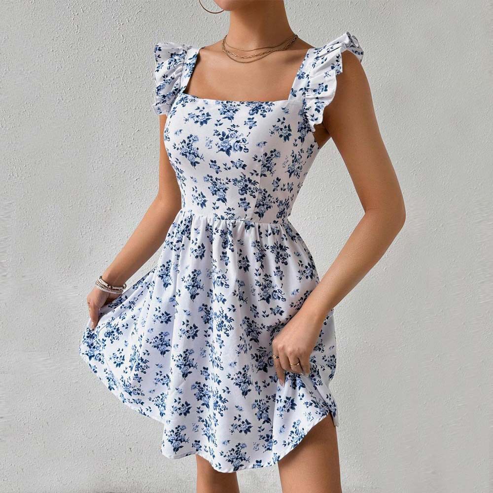 Floral Print Backless Dress Sweet Slim Fit Ruffled Sleeves Spring Summer Style Wholesale Available