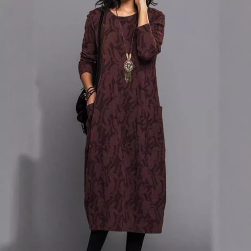 Casual Long Sleeve Pocket Dress for Women Cotton Linen Round Neck Available in Black Green Blue Red Wholesale Sizes S to XXXL