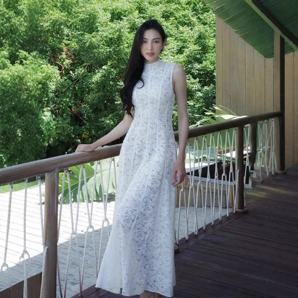 Đầm maxi nữ ren thắt eo dáng chữ A cổ tròn không tay — Trắng
