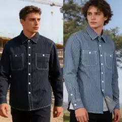 OKONKWO New Vertical Stripe Men's Shirt American Retro Workwear Long Sleeve