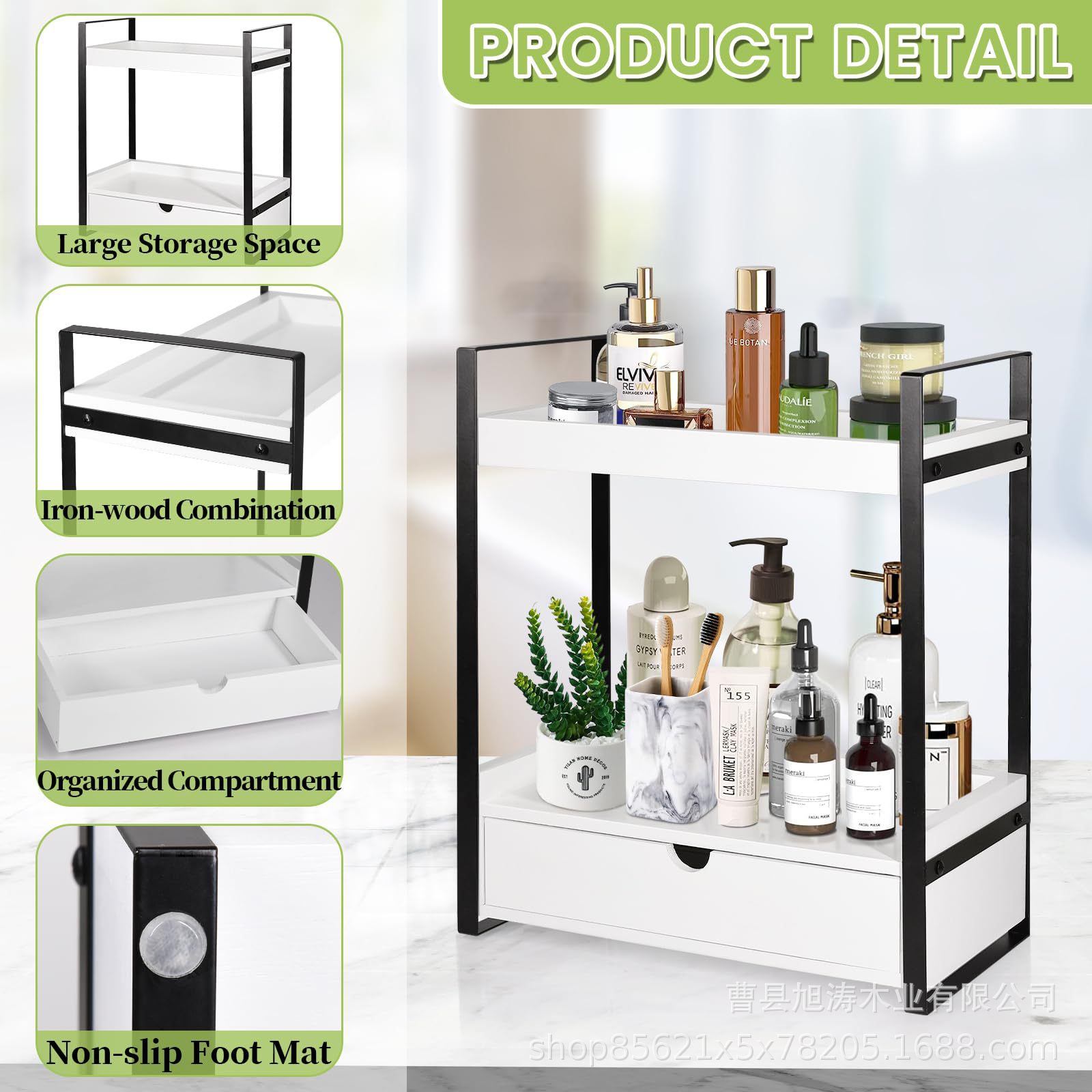 Ready-Made Wooden Storage Rack Double-Layer Bathroom Storage Rack with Drawer Wooden Counter Rack Bathroom Countertop Organization and Storage