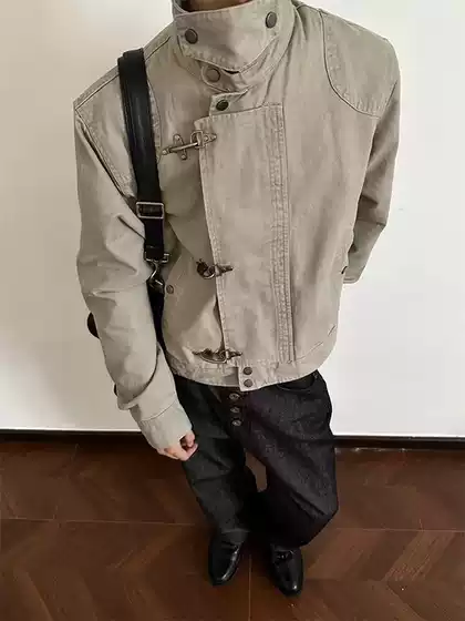 American-Style Vintage Airplane Buckle Lapel Jacket for Men and Women, Spring and Autumn American Retro Vintage Short Wide Workwear Coat