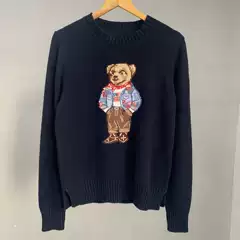 Cross-Border~Scan Code Available, Autumn and Winter Style, Heavy-Duty Pure Cotton Navy Blue Bear Design, Round Neck, College Style, Age-Reducing, Versatile Sweater for Women