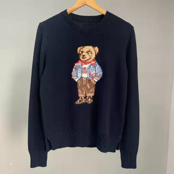 Cross-Border~Scan Code Available, Autumn and Winter Style, Heavy-Duty Pure Cotton Navy Blue Bear Design, Round Neck, College Style, Age-Reducing, Versatile Sweater for Women