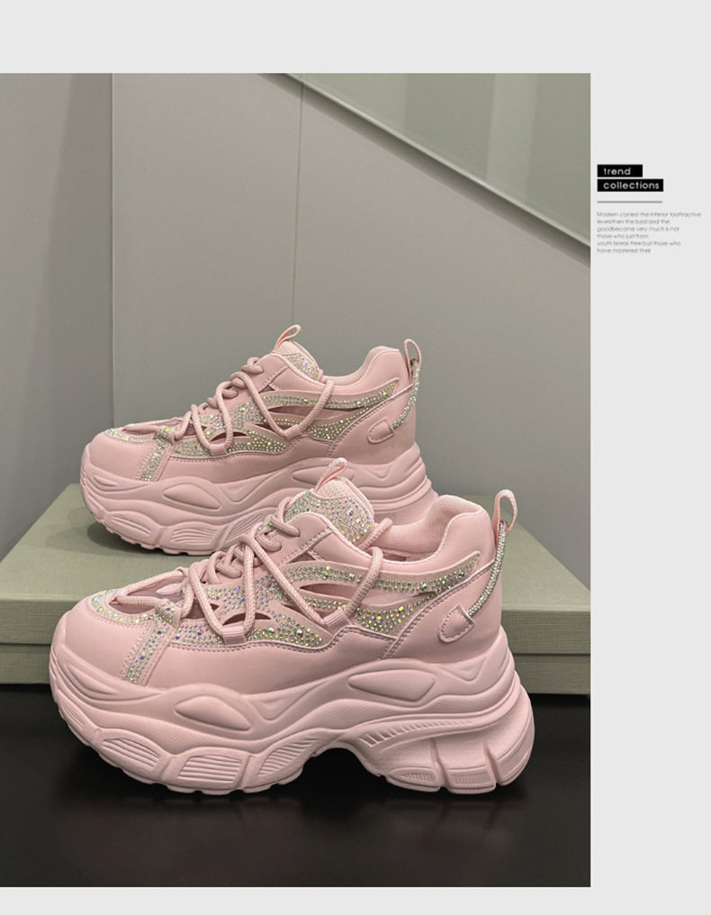 Giày sneaker nữ đế dày chunky phong cách thể thao, mũi tròn, dây buộc, đế cao 8 cm — Trắng, Hồng, Đen chi tiết 13