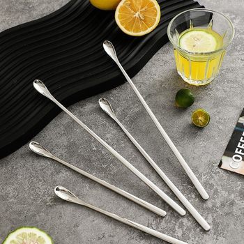 New 304 Stainless Steel Long-Handled Coffee Spoon, Commercial Cocktail Ice Spoon, Stirring Stick, Glossy Melon Seed Spoon, Customizable with Logo
