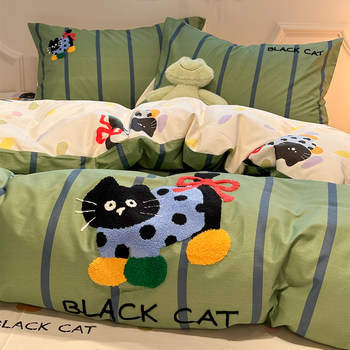 Ins Style Cartoon Towel Embroidered 100 Pure Cotton Four-Piece Set 1.5m 1.8m Student Bed Bed Sheets Quilt Cover Dormitory Three-Piece Set